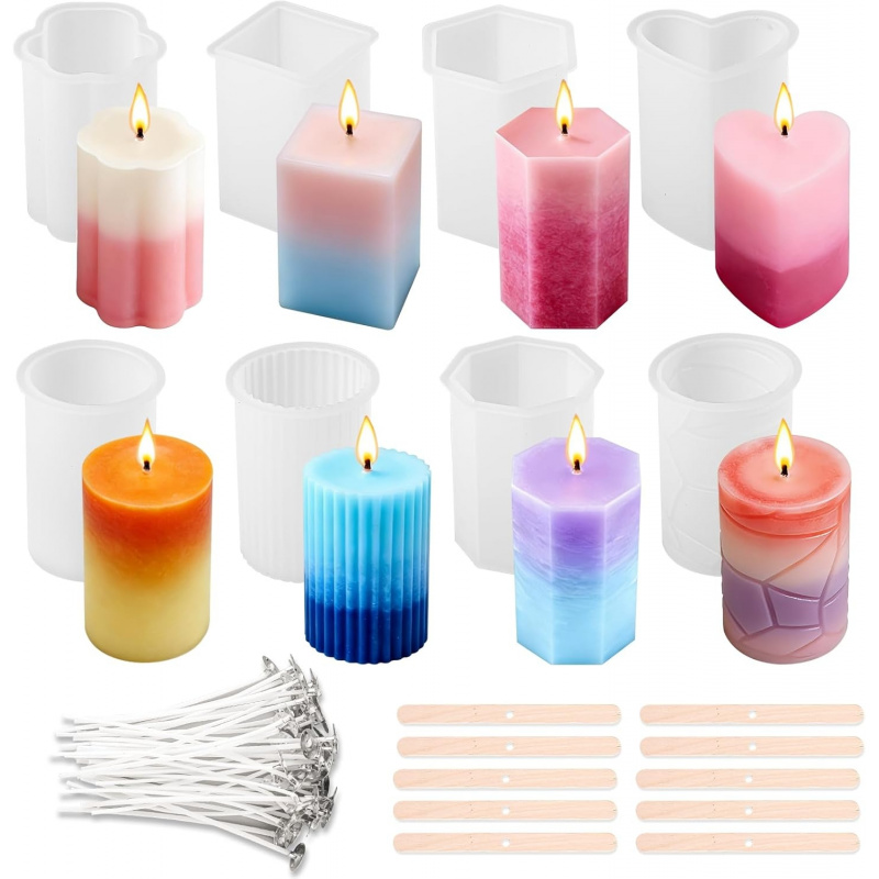 Wooden Wick Candle - 8-teiliges Silikon-Kerzenformen-Set, inklusive 50 Kerzendochten und